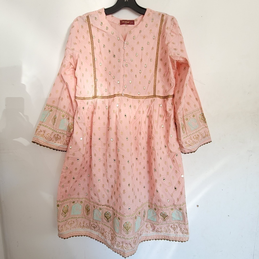 Bin Saeed Lawn Pink Pakistani Indian Beaded Gem Long Sleeve Dress Size 14